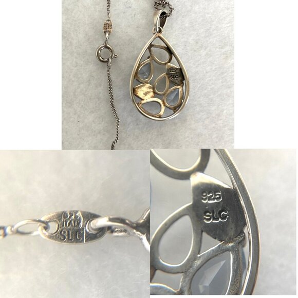 Sterling Silver 925 SLC Blue Topaz Marcasite Teardrop Pendant Necklace 18" Chain - Picture 8 of 16